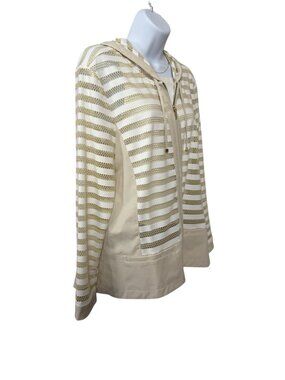 Zenergy By Chico's Size 2 (U.S. L) Tan/White Mesh Stripe Hooded full Zip Jacket